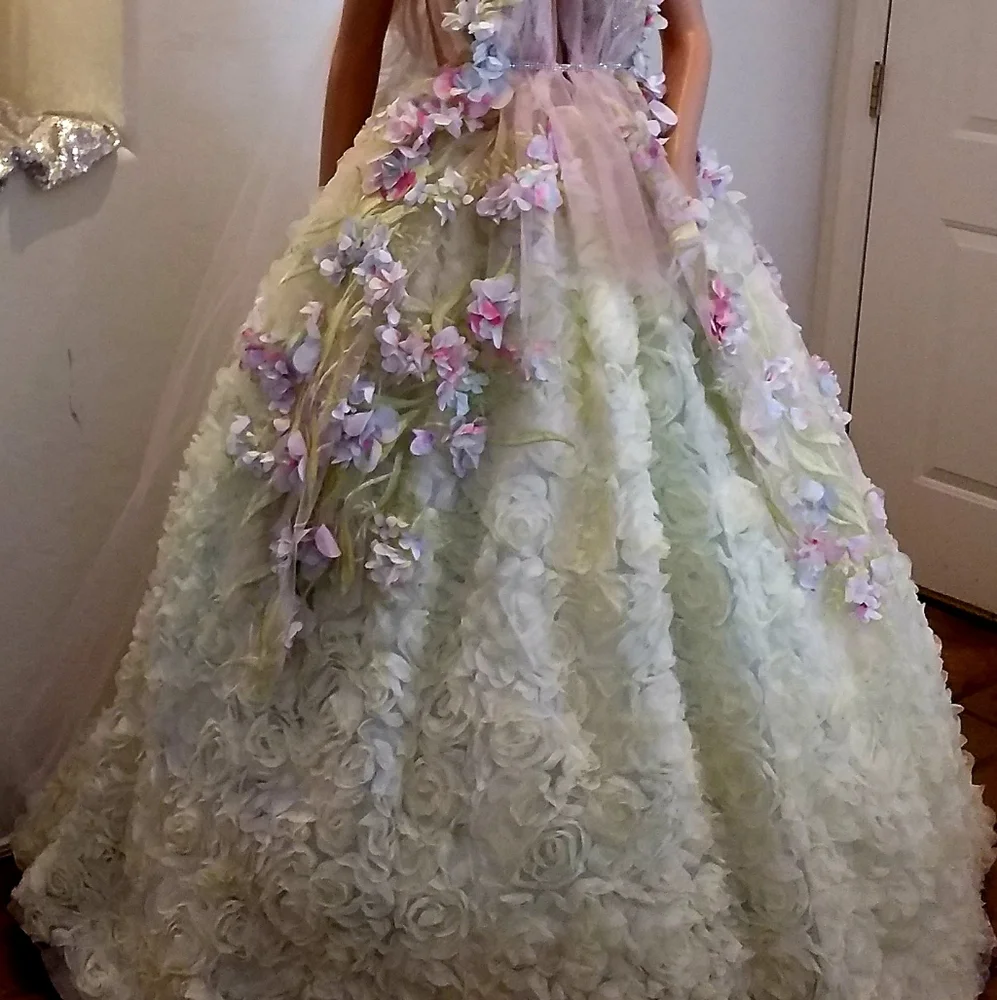 SAMPLE GOWN-HYACINTH Watercolor Rainbow Flower Woodland Princess Bridal Gown Set - Picture 5 of 13